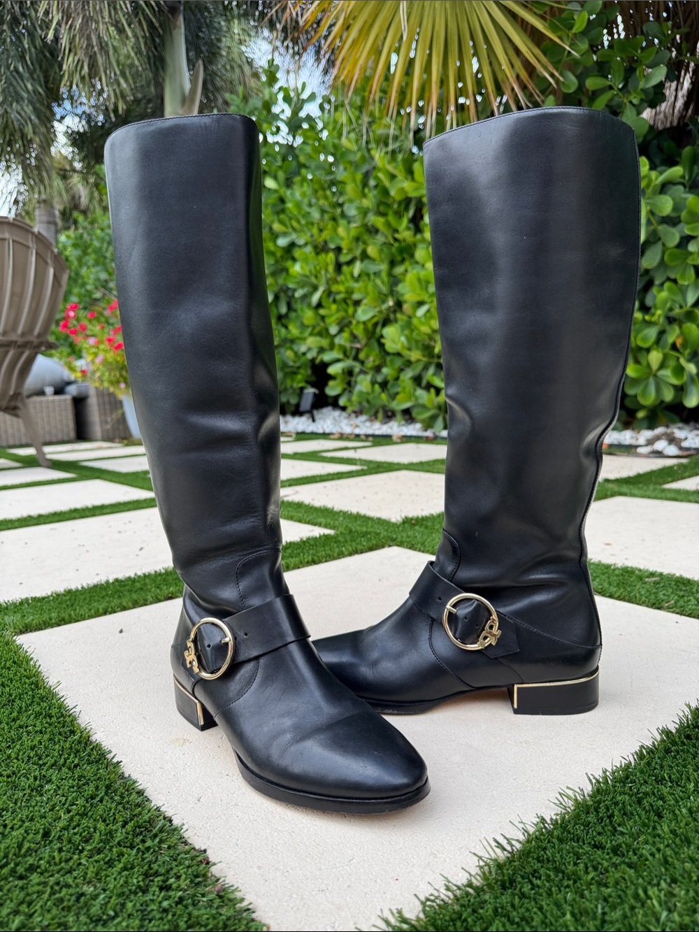 Tory Burch Black Leather Knee-High Boots with Gold Hardware